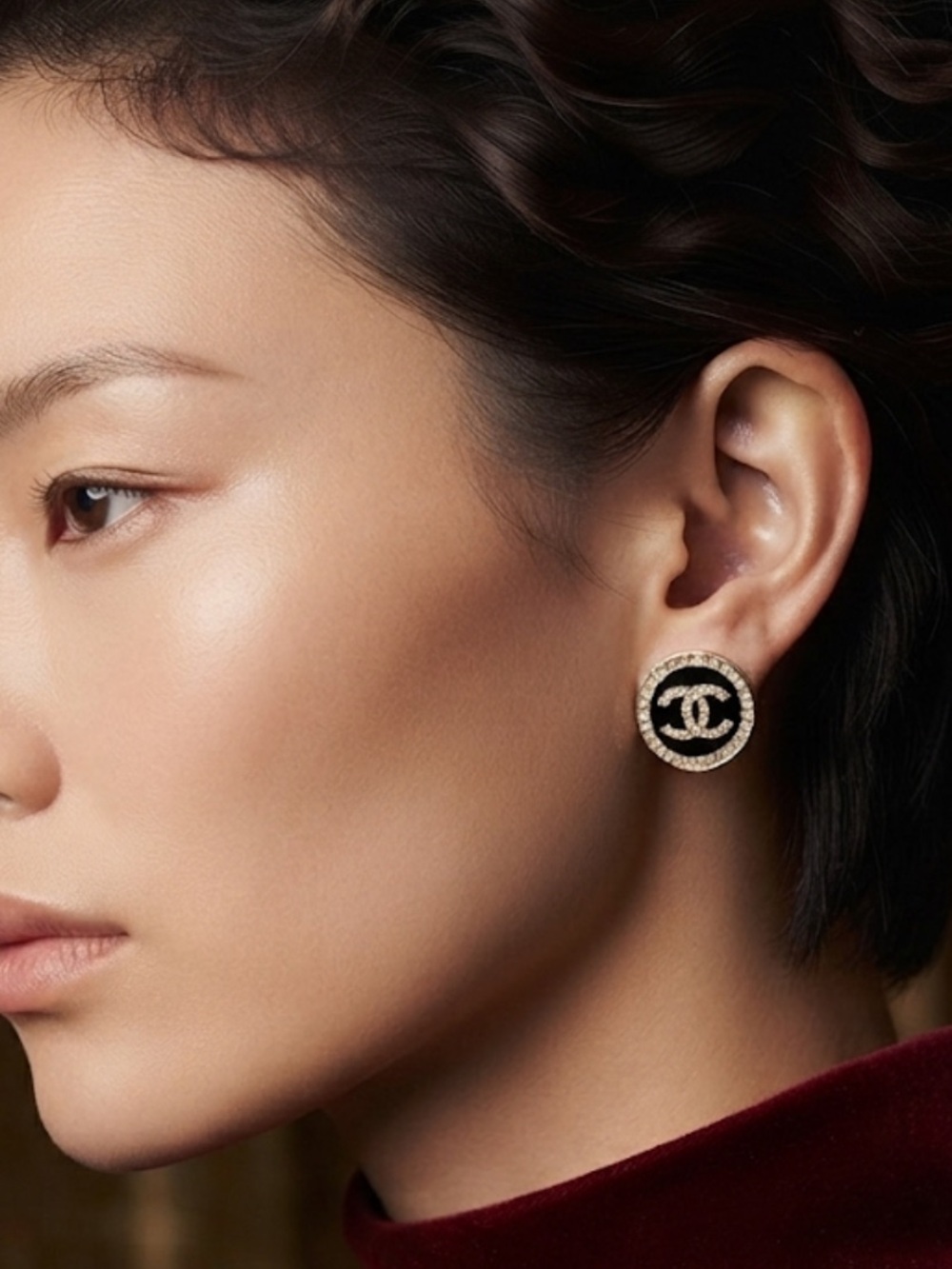 CHANEL Crystal Logo Stud Earrings